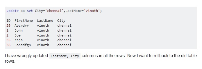 I have wrongly updated Lastname, City columns in all the rows.