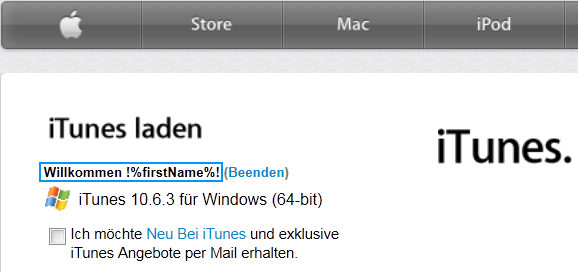 Willkommen firstName - Bug on the iTunes download page